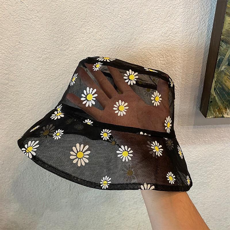 Embroidery Daisies Lace Fisherman Hat Bucket Hat Women Transparent Mesh Fashion Summer Outdoor Sun Hat