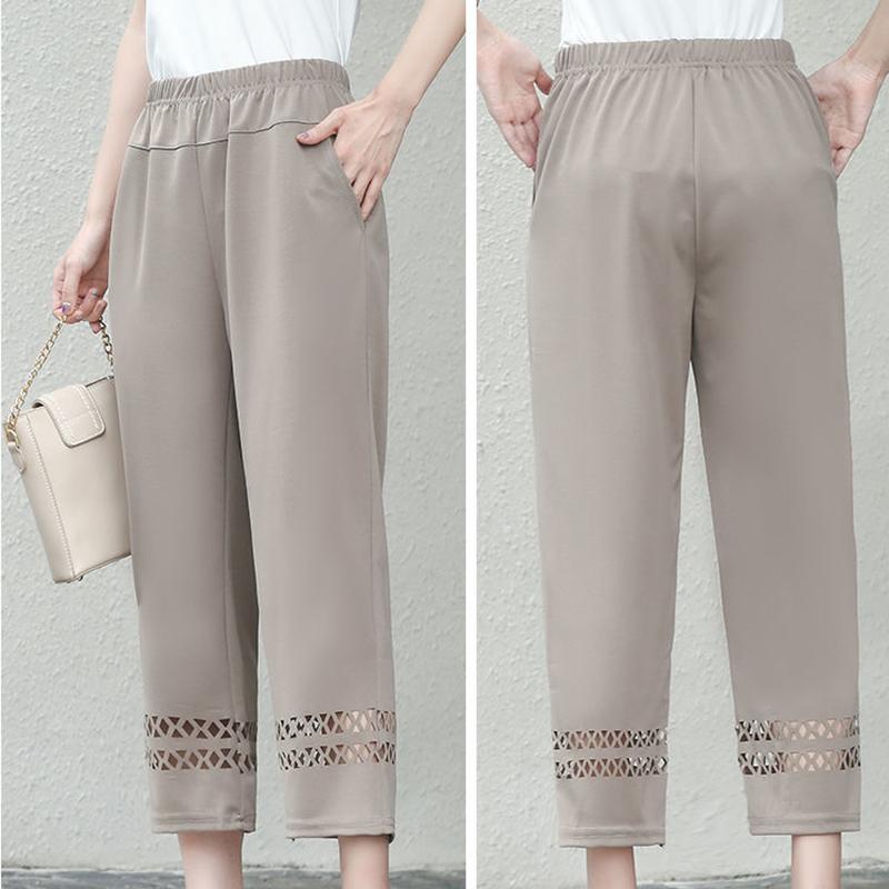 Summer Thin Stretch Mother Cropped Pants Elastic High Waist Loose Middle-aged and Elderly Women's Grandma Pants Hollow Casual Pants