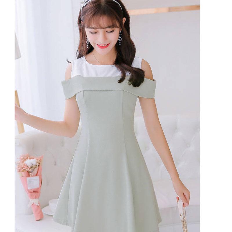 Fashion Summer Off-shoulder Round Neck Dress Stitching Sweet A-line Dress Sleeveless Sundress