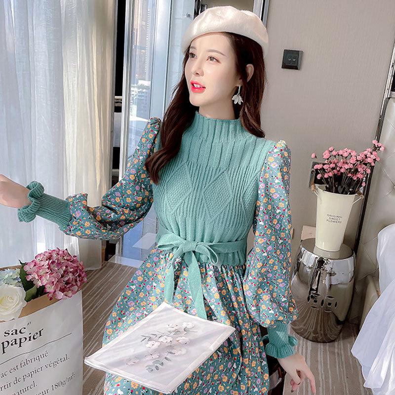 Autumn  Winter Corduroy Dress Women's Knitted Stitching Long-sleeved Long Floral Dress Sweet A-line Dress with Belt