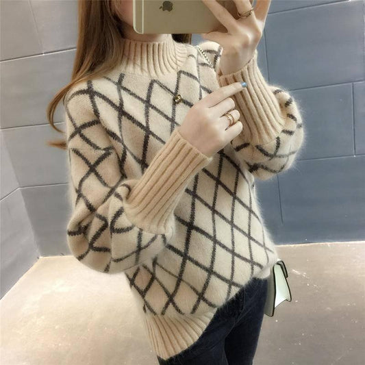 Pofulove Mohair Girly Lantern Sleeve Turtleneck Knitwear Skin-friendly Losse Plaid Pullover Sweater