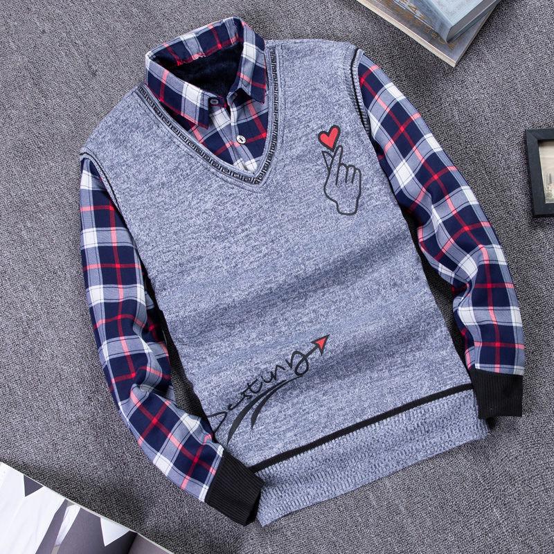 Autumn and Winter Men's Sweater Shirt Fake Two-piece Plus Velvet Thick Knit Sweater Slim Pullover for Teenagers