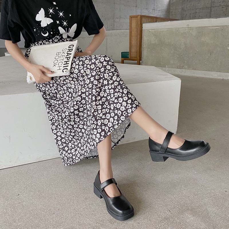 White Square Toe Thick Heel Mary Jane Shoes Female Summer Jk Platform Platform Mid-heel Small Leather Shoes Single Shoes