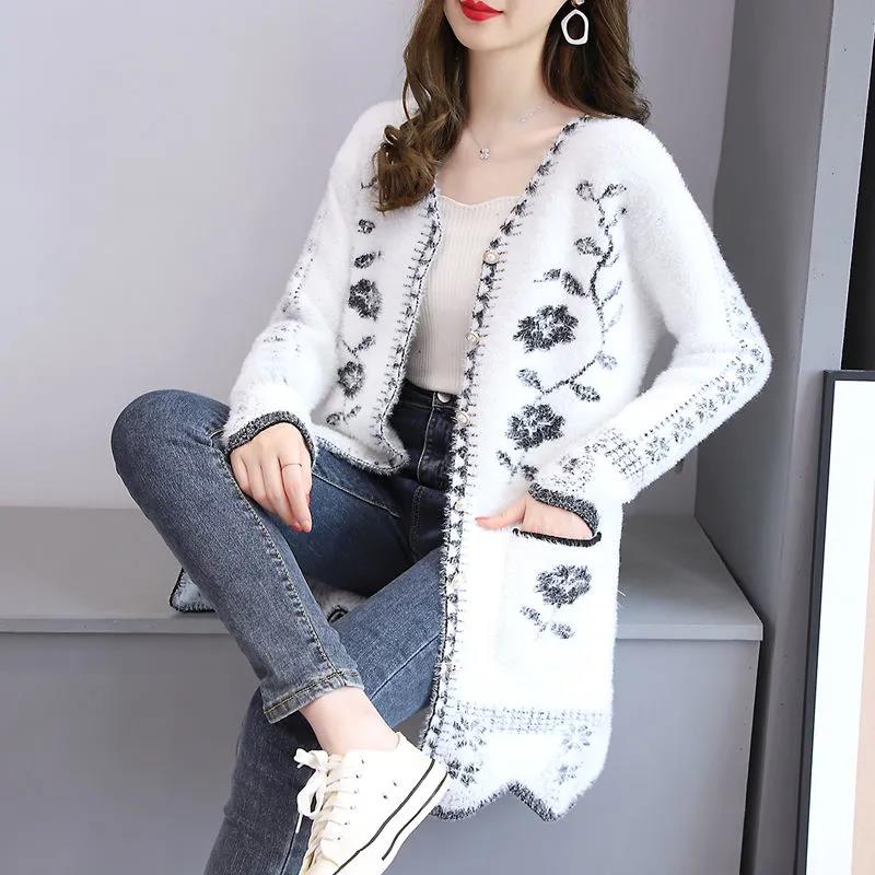 Cardigan Sweater Women's Knitted Sweater Jacket Spring and Autumn Sexy Mid-length Slim-fit Imitation Mink Jacket