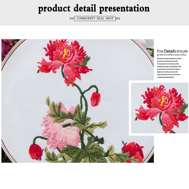 Floral Hand Cross Stitch Embroidery Cloth Starter Kits Needlepoint Color Threads Bamboo Hoop DIY