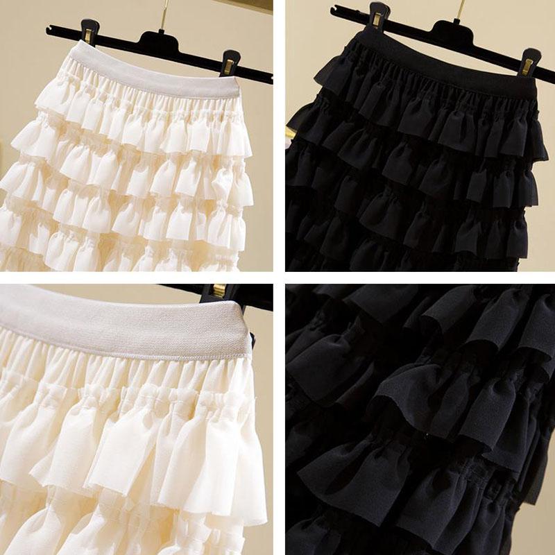 Women Tiered Skirts Summer Elegant Chiffon A-line Layered Skirt Female Elastic High Waist Preppy Style Dancing Long Skirts