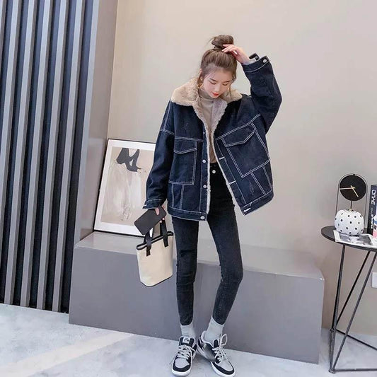 Autumn and Winter Denim Jacket Women's Fashion All-match Loose Plus Velvet Thick Lamb Velvet