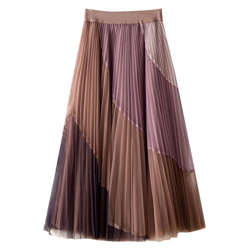 Summer Pleated Printed Mesh Skirt High Waist Thin Elastic Waist Mid-length Large Swing Skirt Women