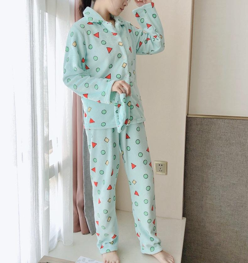 Flannel Cartoon Cute Pajamas Suit Women Winter Coral Fleece Homewear Autumn Thickening Sleepwear Set Geometry Winter Warm Nightwear Top and Pant Sets