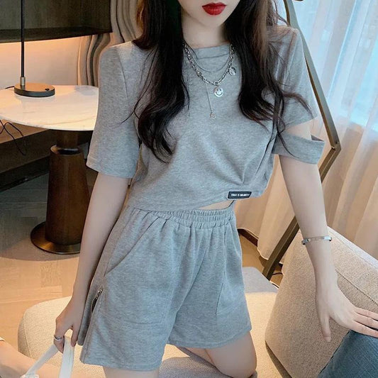 2PCS Summer Leisure Sports Suit Athletic Girl Student Short Sleeve T-Shirt + Split Zipper Shorts Fitness Casual Two-piece Suit Tracksuits for Women