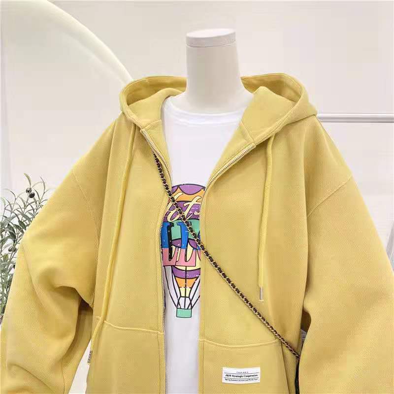 Sweater Women's Spring and Autumn 2021 Leisure All-match Pocket Solid Color Zipper Cardigan Hooded Long-sleeved Jacket