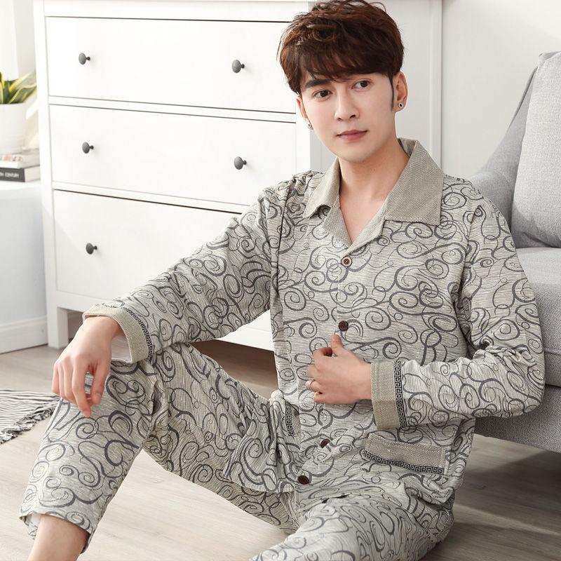 Autumn and Winter Thick Cotton Long-sleeved Pajamas Men's Three-layer Warm Sandwich Home Service Suit