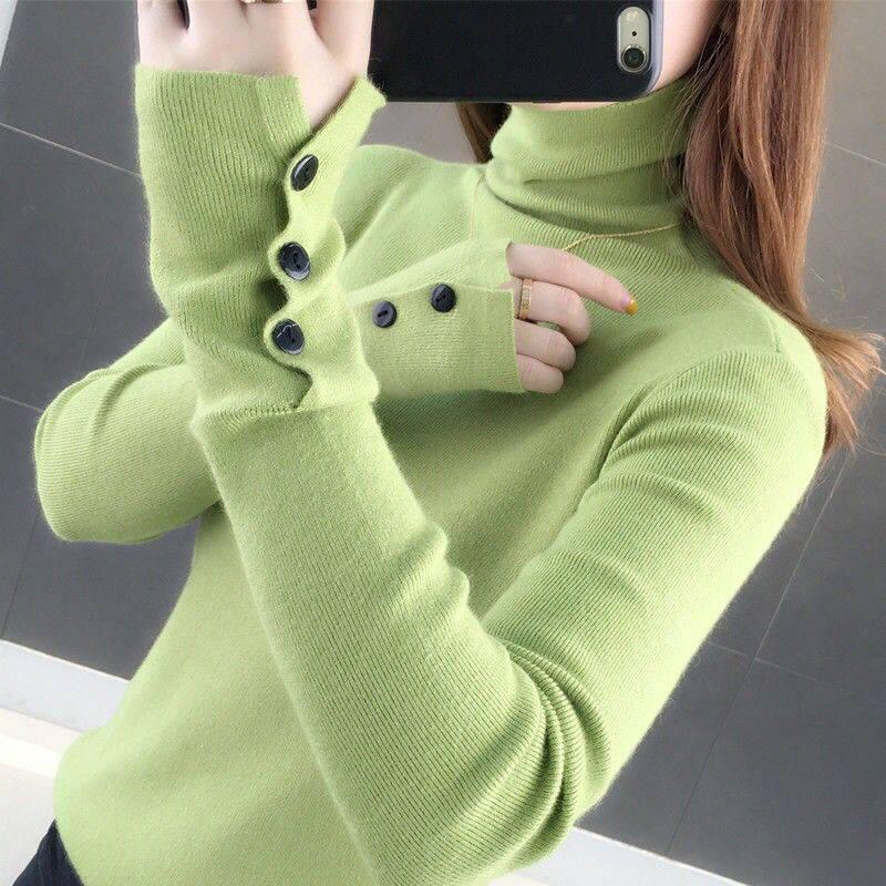 Pofulove  Turtleneck Knitted Long Sleeve Women's Spring Autumn Sweater Thin Bottoming Shirt Comfortable Softness