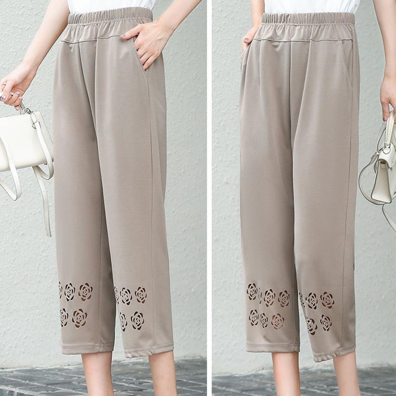 Summer Thin Stretch Mother Cropped Pants Elastic High Waist Loose Middle-aged and Elderly Women's Grandma Pants Hollow Casual Pants