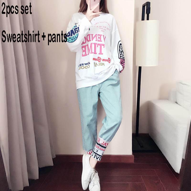 Spring and Autumn Women 2pcs set Wild Long Sleeve Casual Sweatshirt Set Large Size