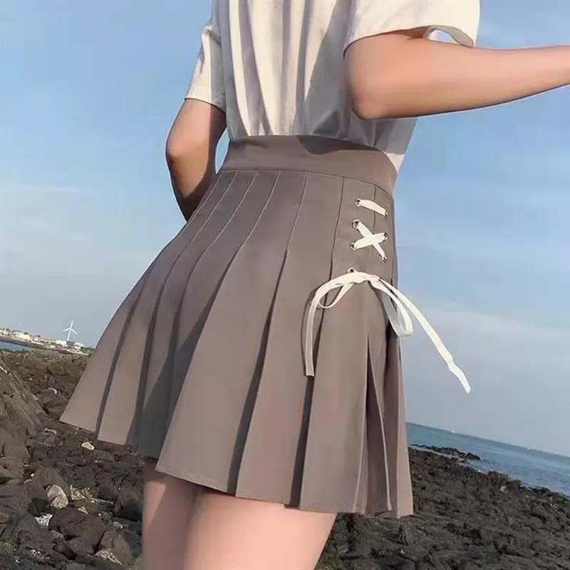 Pleated Skirt Women's Spring Summer All-match Strappy Short Skirt Korean Version of The College Style Skirt with Lining High Waist A-line Skirt