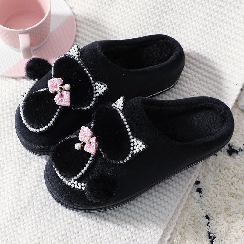 Winter Women's High-heeled Thick-soled Home Cotton Slippers Anti-slip Plush Slippers Confinement Shoes