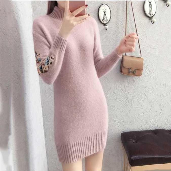 Women Sweater Dress Thick Warm Turtleneck Long Sleeves Female Dresses Slim Rib Knitted Dresses