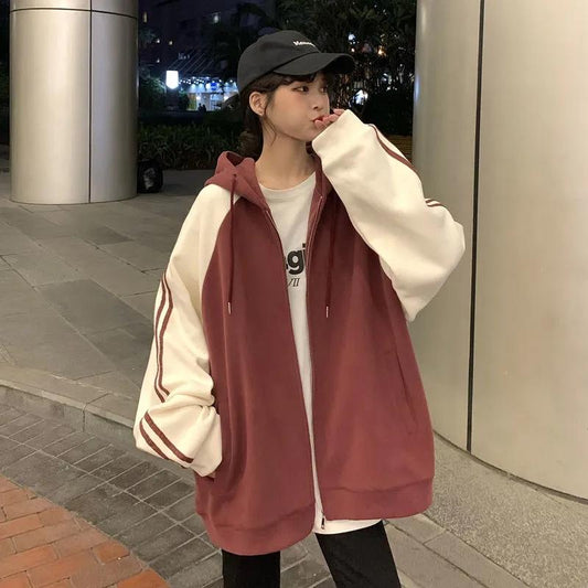 Women's Autumn and Winter Korean Version Fleece Thickened Contrast Coat Casual Hooded Cardigan Loose Student Sweater Zipper Jacket for Girls