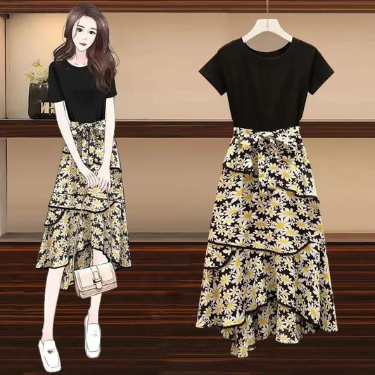 Women Summer Elegant Casual Skirt Suit Round Neck Short Sleeve Balck T-shirt High Waist Irregular Floral Print Skirt Vintage Two Pieces Set