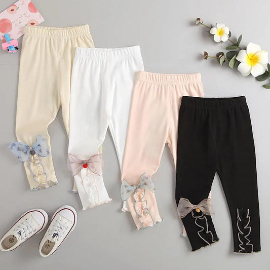 Girls' Leggings Children's Spring and Autumn Thin Bow Korean Cropped Trousers Stretch Pants Baby Outer Wear and Inner Wear