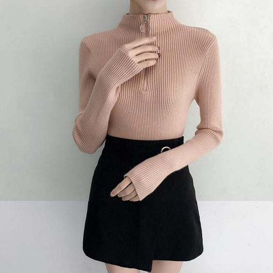 Autumn and Winter Slim-fit Waist Top with Zipper Solid Color Long-sleeved Bottoming Shirt Half Turtleneck Elastic Sweater