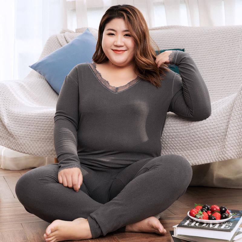 Fat Sister Thermal Underwear Female Plus Fat Plus Size Thin Lace Base Autumn Clothes Long Pants Suit