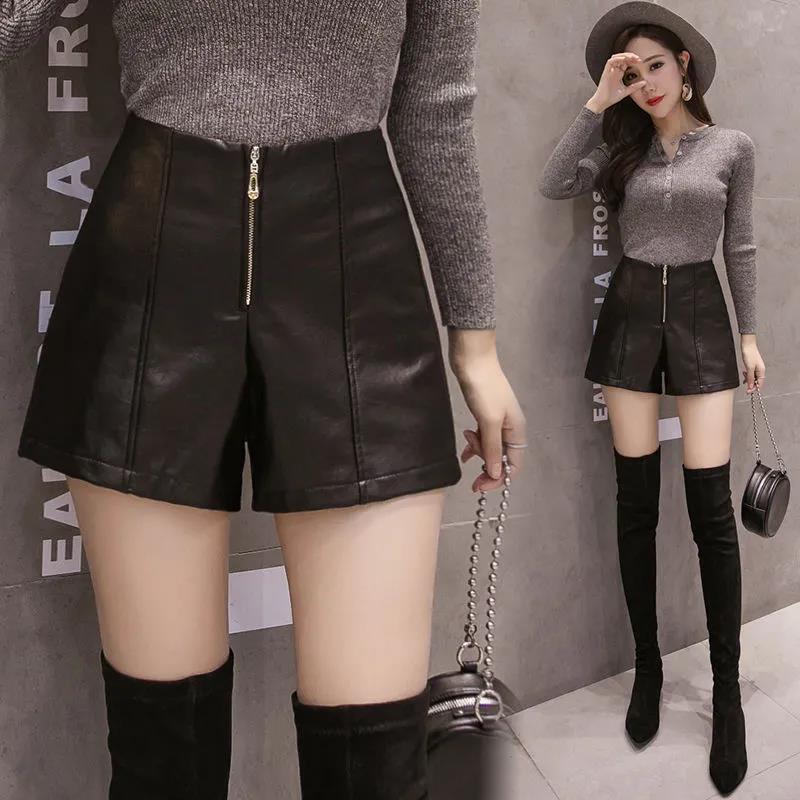 Autumn and Winter Korean Leather Shorts Women's High Waist Pu Large Size Loose and Thin Casual A-line Wide-leg Boots Pants