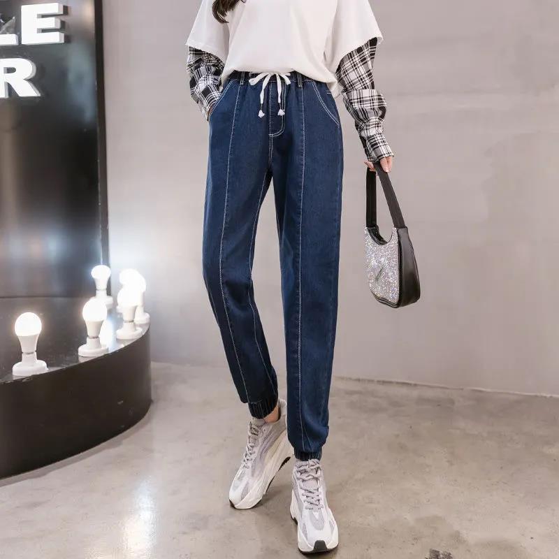 WTEMPO Sport Casual Style Blue Jeans Women's Elastic Waist Loose Casual High Waist Solid Color Pants