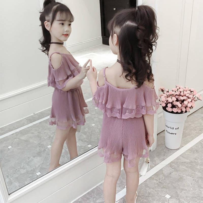 Girls' Summer Shorts Suit Korean Style Summer Children's Suspender One Shoulder Chiffon Two Piece Set Pleated Mesh Solid Color Two-piece Suit