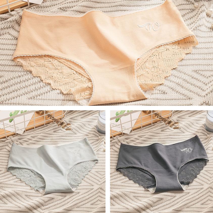 3Pcs/Set Seamless Cotton Lace Panties Women's Lace Breathable Underpants Mid-waist Graphene Crotch Briefs