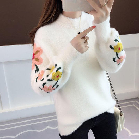 Non-shedding Long-sleeved Fashion Top Plus Size Sweet Embroidered Sweater Women