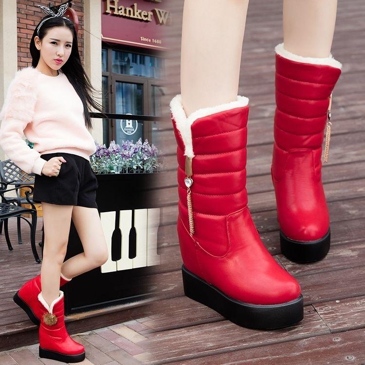 Outdoor Waterproof Snow Boots Women  Thick Non-slip Mid-calf Leather Boots Plus Velvet Warm Cotton Boots Thick-soled Wedge Increase Winter Boots