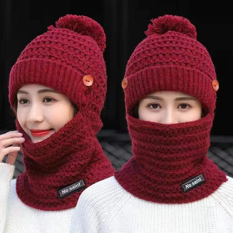 Women's Winter All-match Hats Plus Velvet Thickened Cold Proof Warm Cycling Windproof Woolen Hat with Scarf Cap Set Fur Ball Knitted Hat Bib Mask