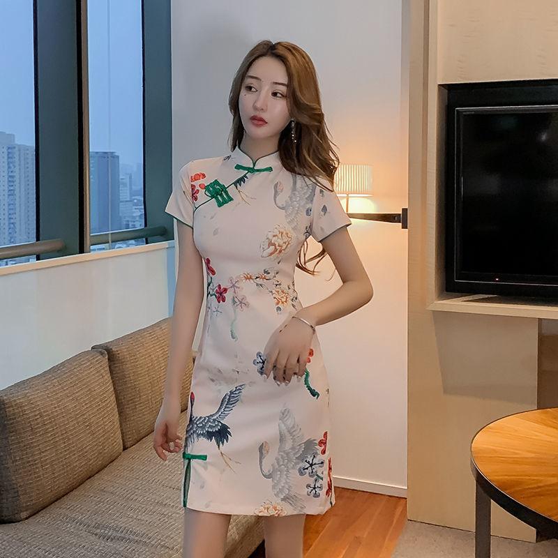 Summer Chinese Style Retro Printed Slim Temperament Was Thinner and Improved Cheongsam Dress