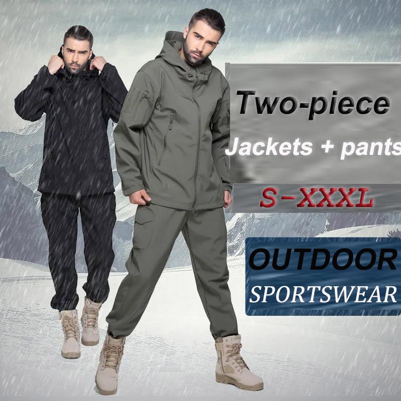 Men's Outdoor Sportswear Suit Windproof and Waterproof Mountaineering Suit Thickened Hooded Jacket Two-piece Fleece Soft Shell Large Size Hunting Suit