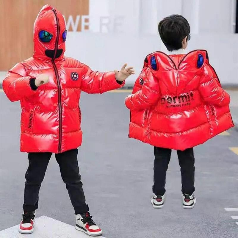 Boys Ultraman Glasses Wash-free Water Proof Bright Leather Korean Version of Winter Plus Velvet Warm Jacket Padded Jacket Thick Down Jackets