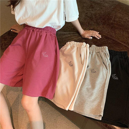 WTEMPO Moon Pattern Sports Shorts Women's  Casual Pants Student Elastic Waist Convenient Big Pocket Gym Stadium