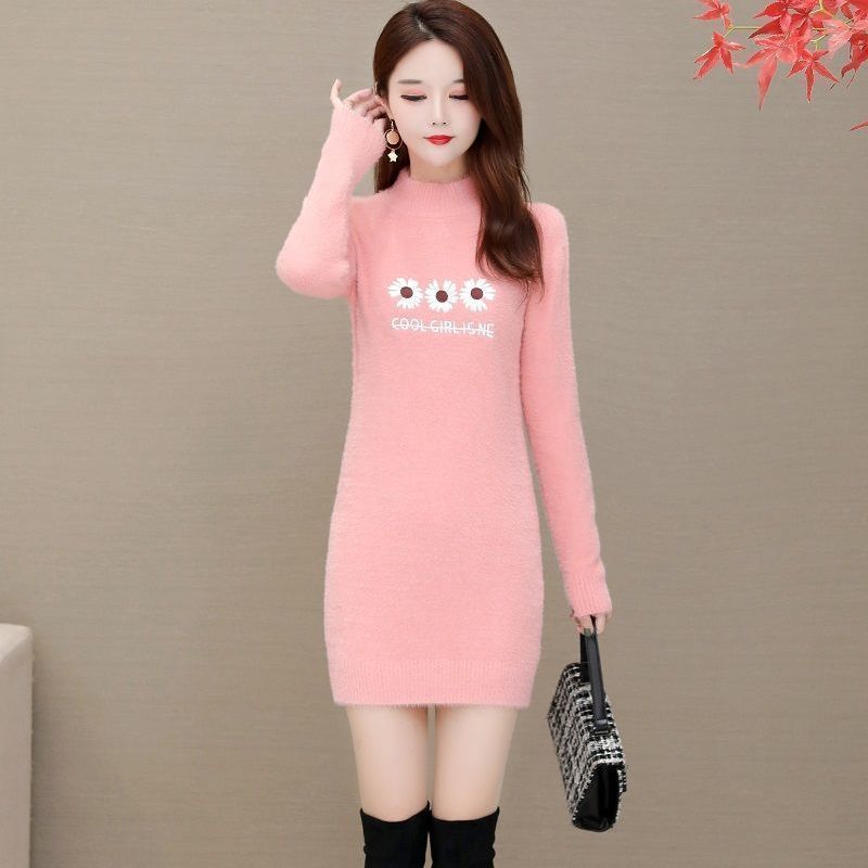 Autumn and Winter Mohair Knitted Sweater Half High Neck Thick Loose Bottoming Shirt Mid-length Casual Women Sweater Dress