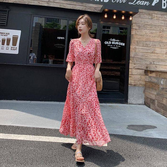 Pofulove Women V-neck Pink Floral Chiffon Dress Slim Long Dresses Below The Knee High Waist Dress