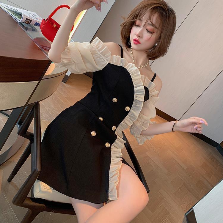 Female Vintage High Waist Holiday Backless Dress Elegant Slim Evening Club Dress Irregular Double Breasted Party Dress