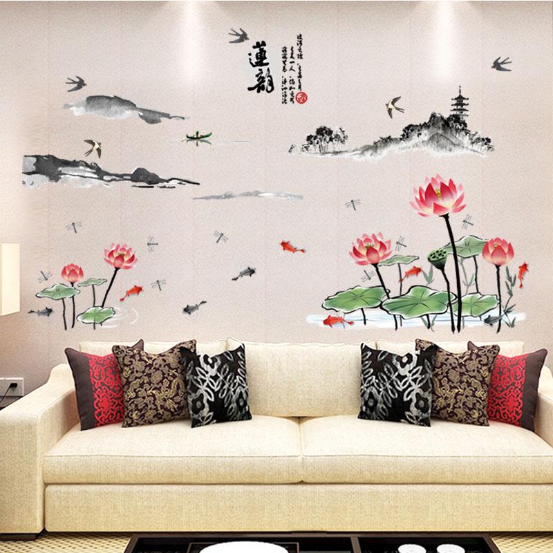 [Wall sticker ]Chinese Style Lotus Rhyme Character Painting Art Wall Stickers Diy Living Room Bedroo