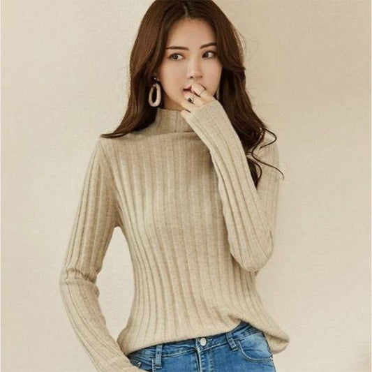 Turtleneck Knitted Sweater Lady Solid Slim Pullovers Casual Long Sleeve Striped Elasticity Pullover