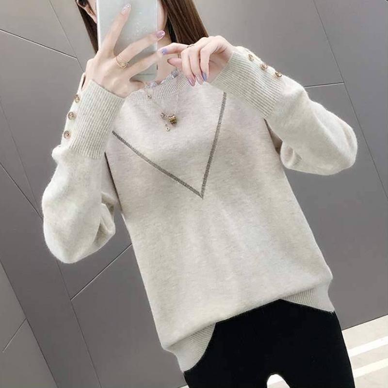 Pofulove Women Lace Round Neck Button Long Sleeve Sweater Slim Warm Pullover Undershirt Sweatshirts