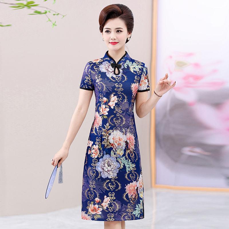 Summer Improved Cheongsam Female Mother Dress Retro Short-sleeved Dress Mid-length Middle-aged and Elderly Printed Cheongsam Dress