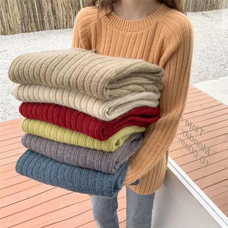 Autumn and Winter Loose Jacket Mid-length Casual Solid Color Sweater Round Neck Pullover Young Women's Top