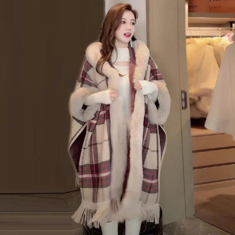 Large Fur Collar Cloak Cloak Jacket Female Autumn and Winter Temperament Shawl Ladies Warm Soft and Comfortable Plus Velvet Jacket