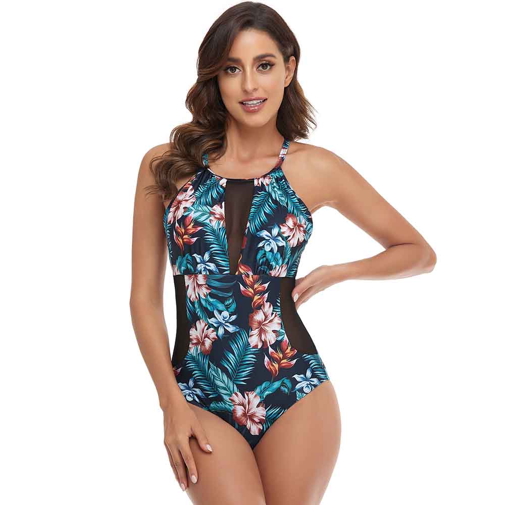 One-piece Swimsuit Women's Mesh Stitching Halterneck Print Swimsuit