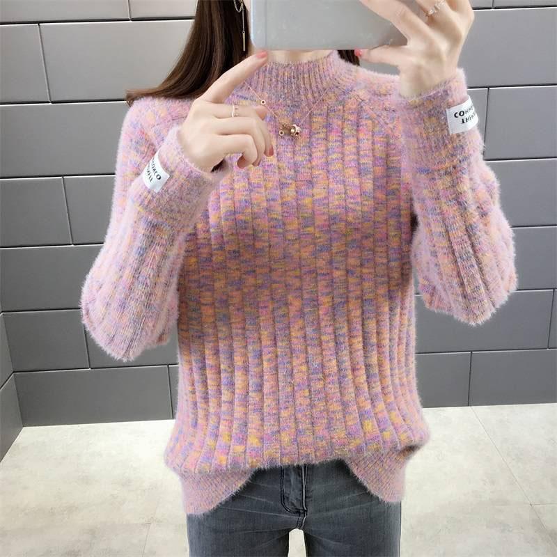 Autumn and Winter Half High Neck Mohair Base Shirt Thick Loose Pullover Young Women Wear Tops Inside and Outside