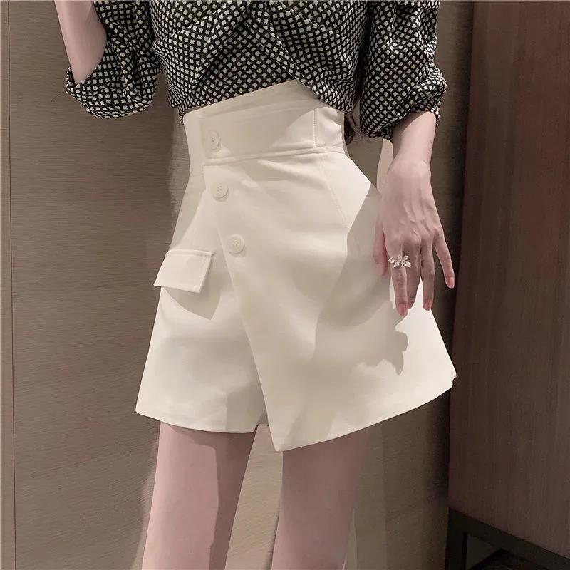 WTEMPO Button Solid Color Irregular Pants Shorts Women Spring and Summer High Waist Slimming Casual Loose A-line Wide-leg Pants